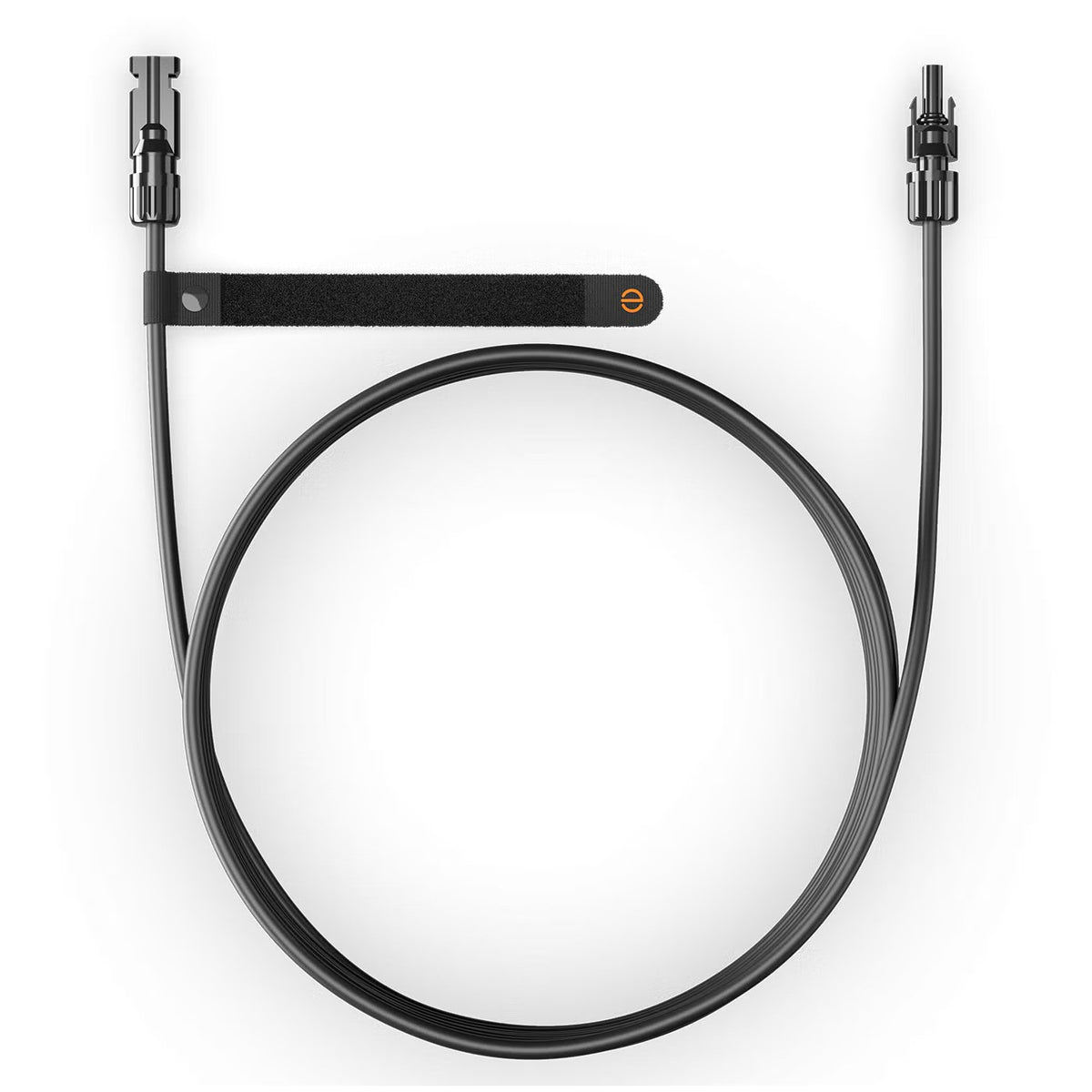 A black coiled cable with two connector ends and a small black strap across the upper section featuring a tiny orange circular logo, shown on a plain white background.