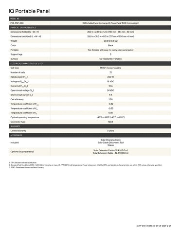 A specification and accessories table for the IQ Portable Panel, showing technical details, dimensions, weight, electrical characteristics, and included accessories on a white background.
