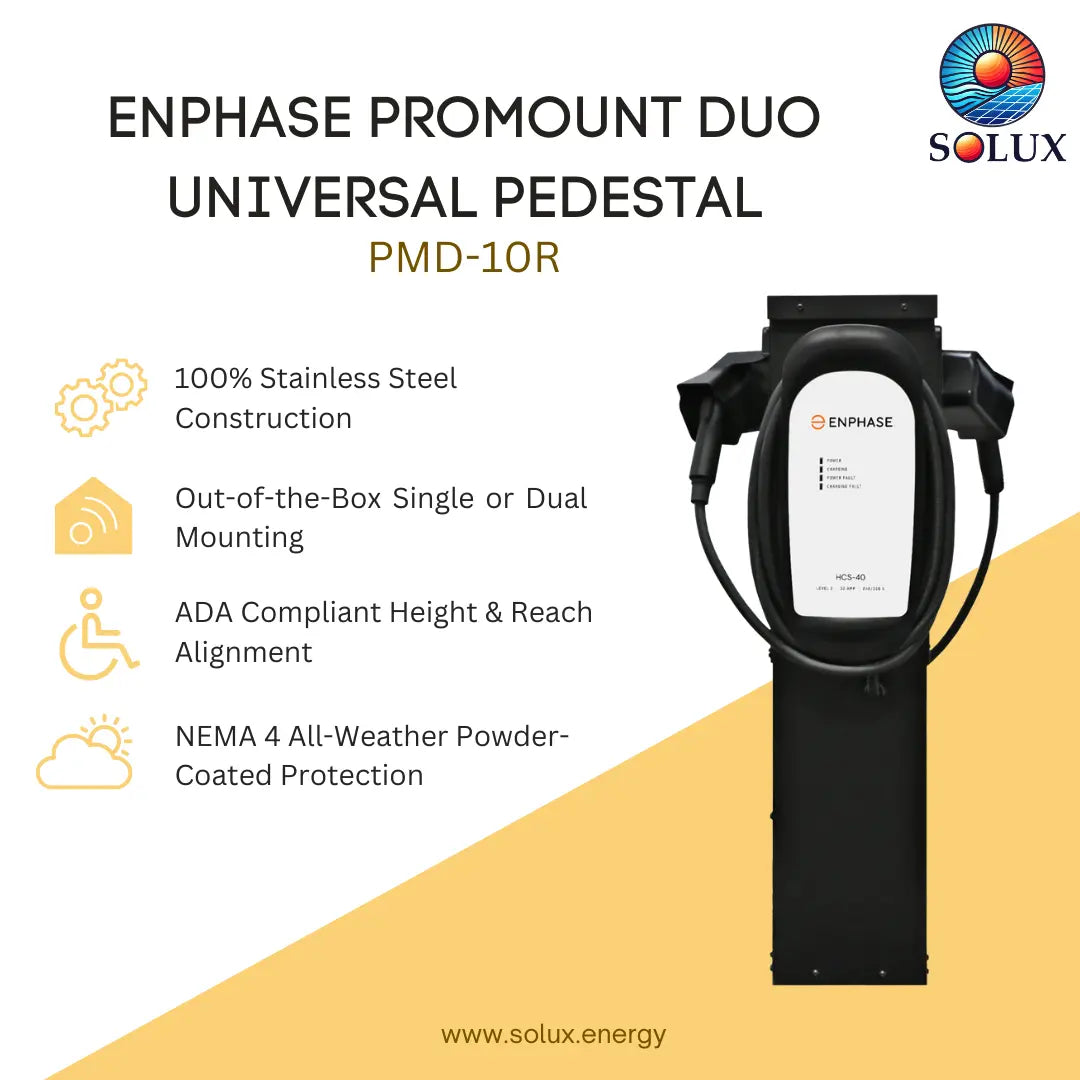 Promotional graphic for the Solux Enphase Promount Duo Universal Pedestal PMD-10R, showing a black EV charger unit with a white display panel on the right, alongside feature callouts on the left including 100% stainless steel construction, single or dual mounting, ADA compliance, and NEMA 4 all-weather protection.