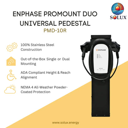 Promotional graphic for the Solux Enphase Promount Duo Universal Pedestal PMD-10R, showing a black EV charger unit with a white display panel on the right, alongside feature callouts on the left including 100% stainless steel construction, single or dual mounting, ADA compliance, and NEMA 4 all-weather protection.