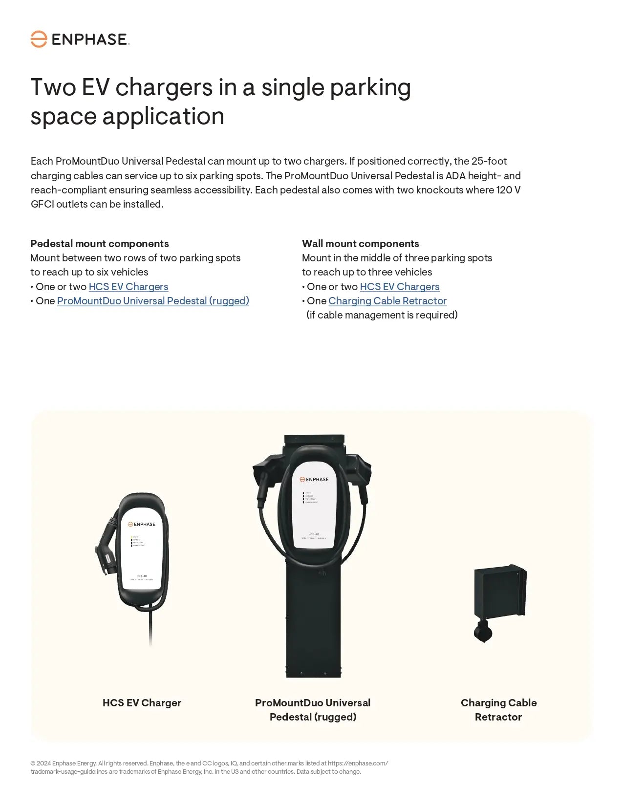 Enphase spec sheet showcasing the PMD-10R mount pedestal and HCS chargers for two-vehicle parking spot applications.