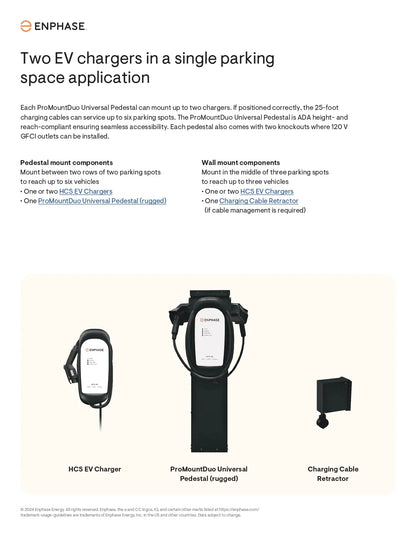Enphase spec sheet showcasing the PMD-10R mount pedestal and HCS chargers for two-vehicle parking spot applications.