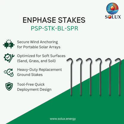 Promotional graphic for SOLUX Enphase Stakes (PSP-STK-BL-SPR), showing six dark metal ground stakes on a split white and green background with feature callouts and the SOLUX logo.