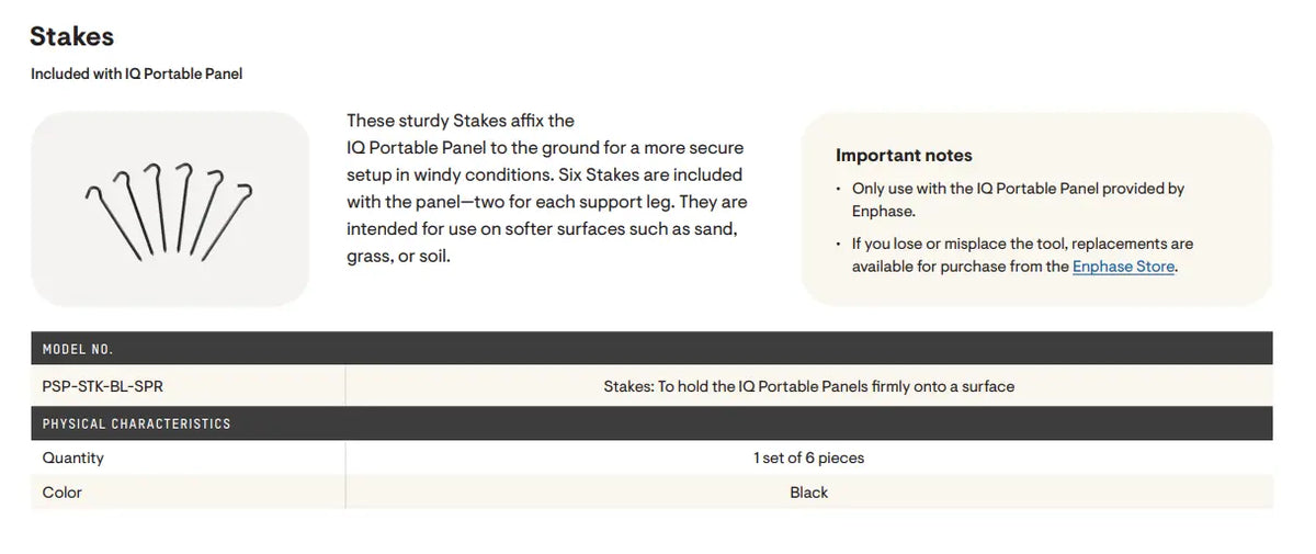A product information graphic for IQ Portable Stakes. The image shows a small line drawing of six black stakes on the left, with text explaining that the stakes are included with the IQ Portable Panel and noting that they are black.