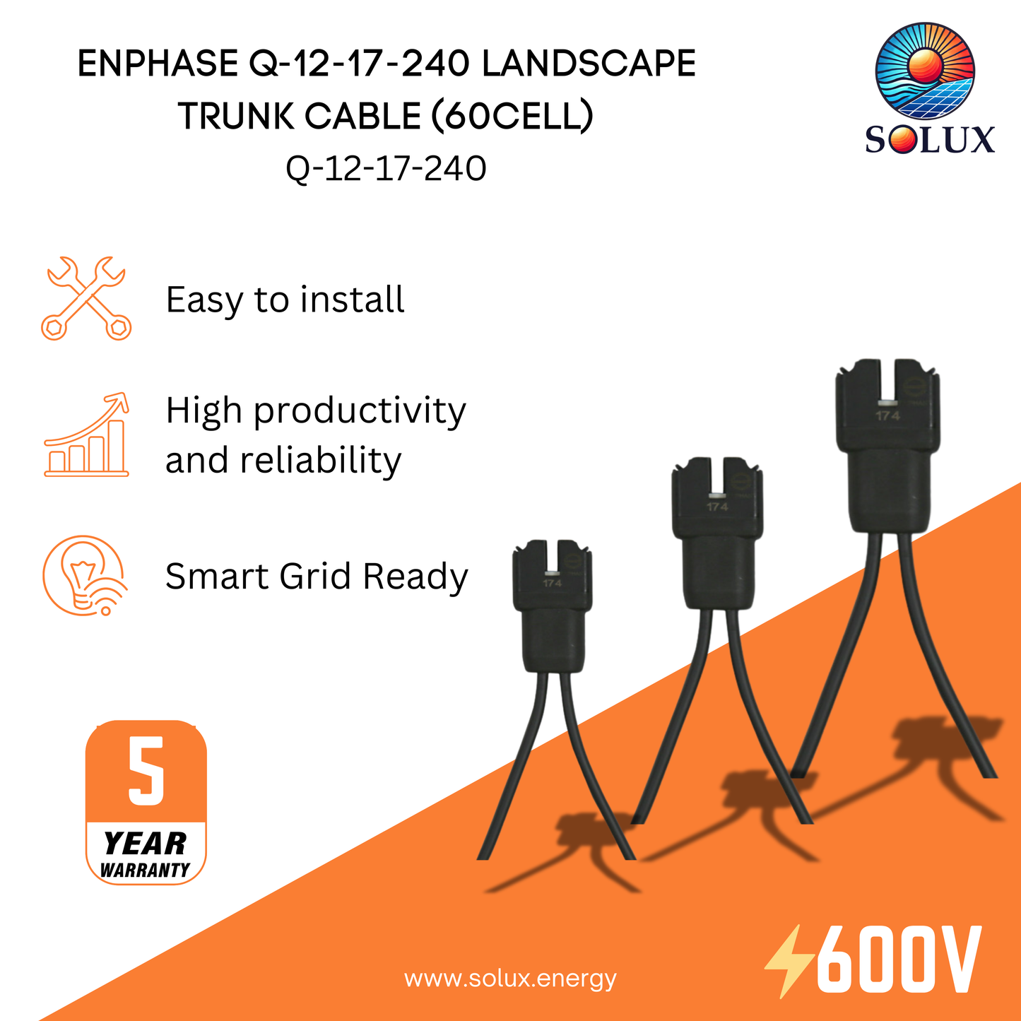 Simplify your Enphase microinverter installation with this Q-12-17-240 Trunk Cable, designed for landscape-oriented 60-cell solar modules.