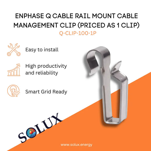 Enphase Cable Management Clip Q-CLIP-100-1P infographic showing one stainless steel rail-mount clip.