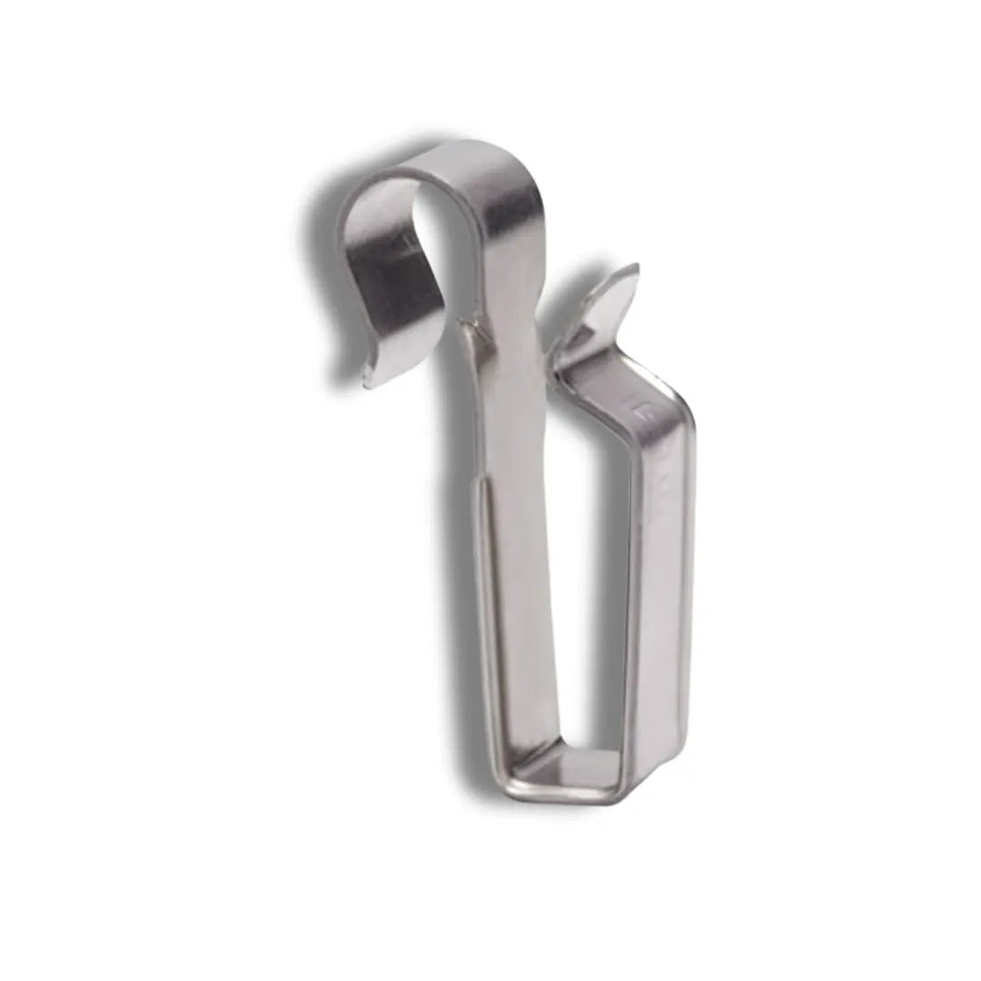 Product image of Q-CLIP-100-1P, a stainless steel rail-mount cable management clip for Enphase Q Cable on white.
