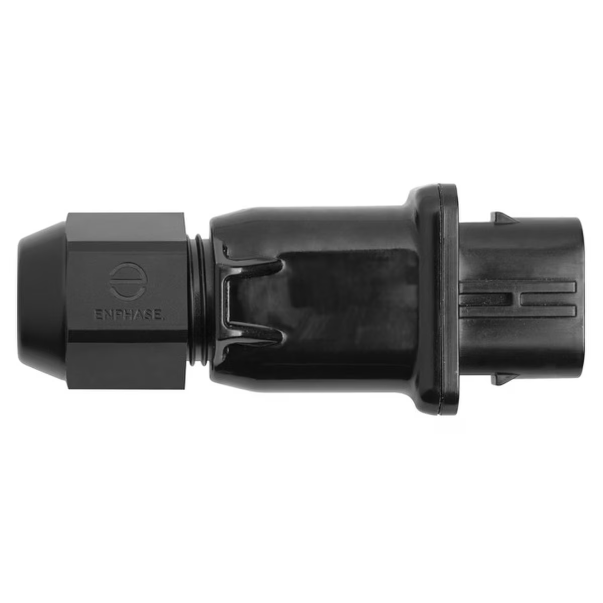 Product Image of Q-CONN-10F-1P: Side view of a black Enphase female field-wireable connector on a white background.