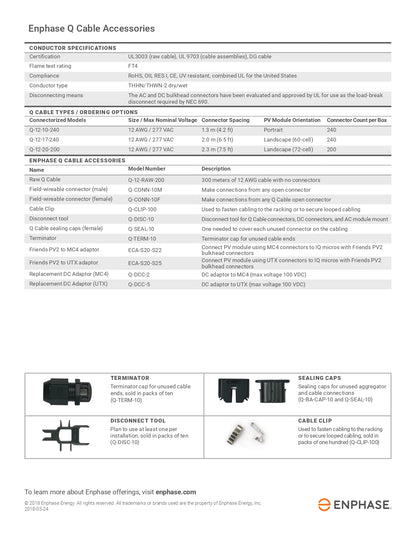 Enphase Q Cable Accessories datasheet featuring Q-CONN-10M-1P ac connector male, terminators, and ordering info.