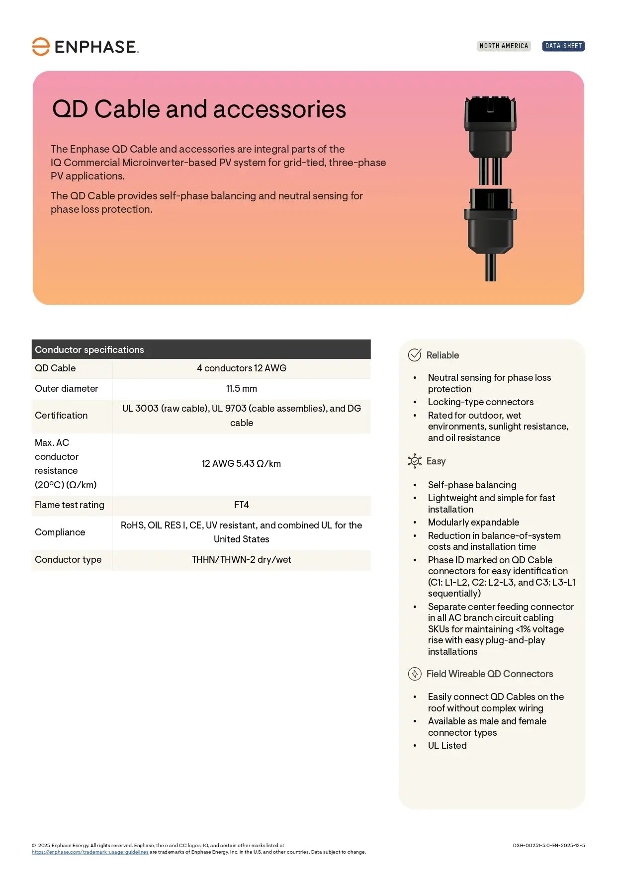 Enphase QD-12-25-108 landscape cable accessories datasheet with field connectors, terminators, and 2.9m spacing specs.