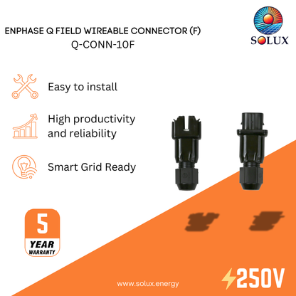 Enphase Q Field Wireable Connector (Female) for flexible Q Cable connections in solar installations.