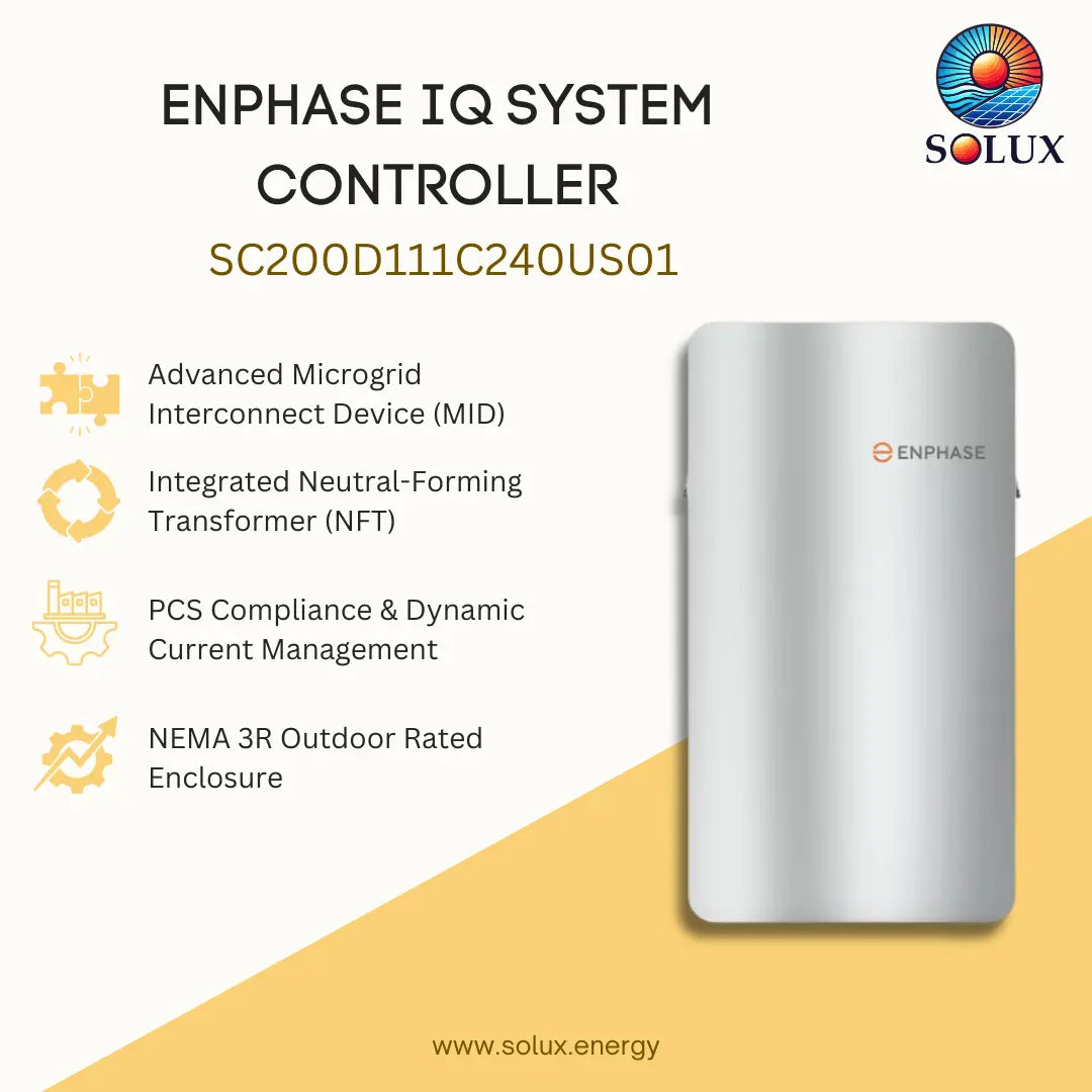 Solux Enphase IQ System Controller SC200D111C240US01, a silver outdoor-rated enclosure for an advanced microgrid interconnect device, shown on a light beige and yellow graphic background with product specifications.