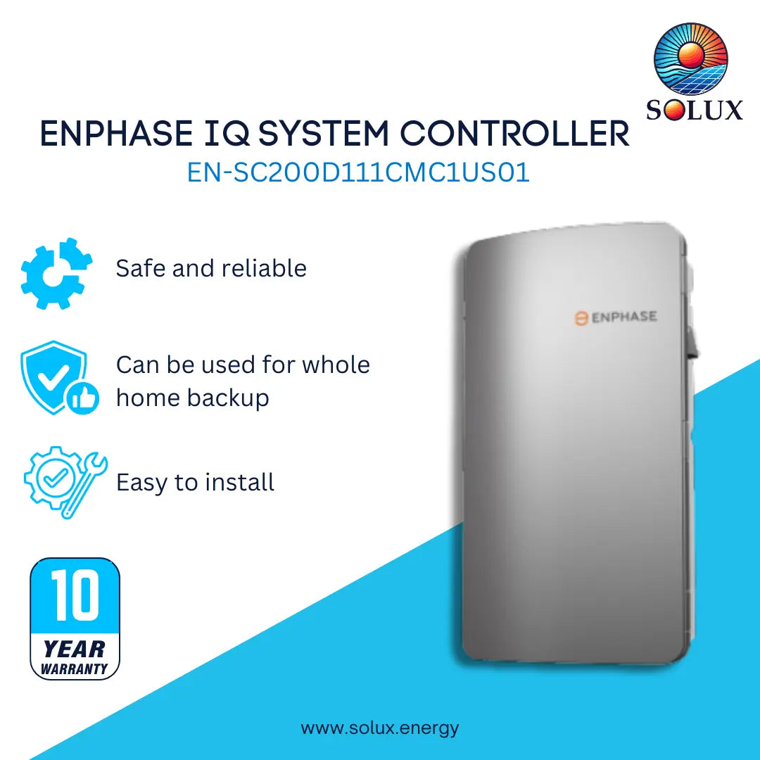 Solux Enphase IQ System Controller EN-SC200D111CMC1US01 shown on a white and blue promotional graphic with feature callouts and a 10-year warranty badge.