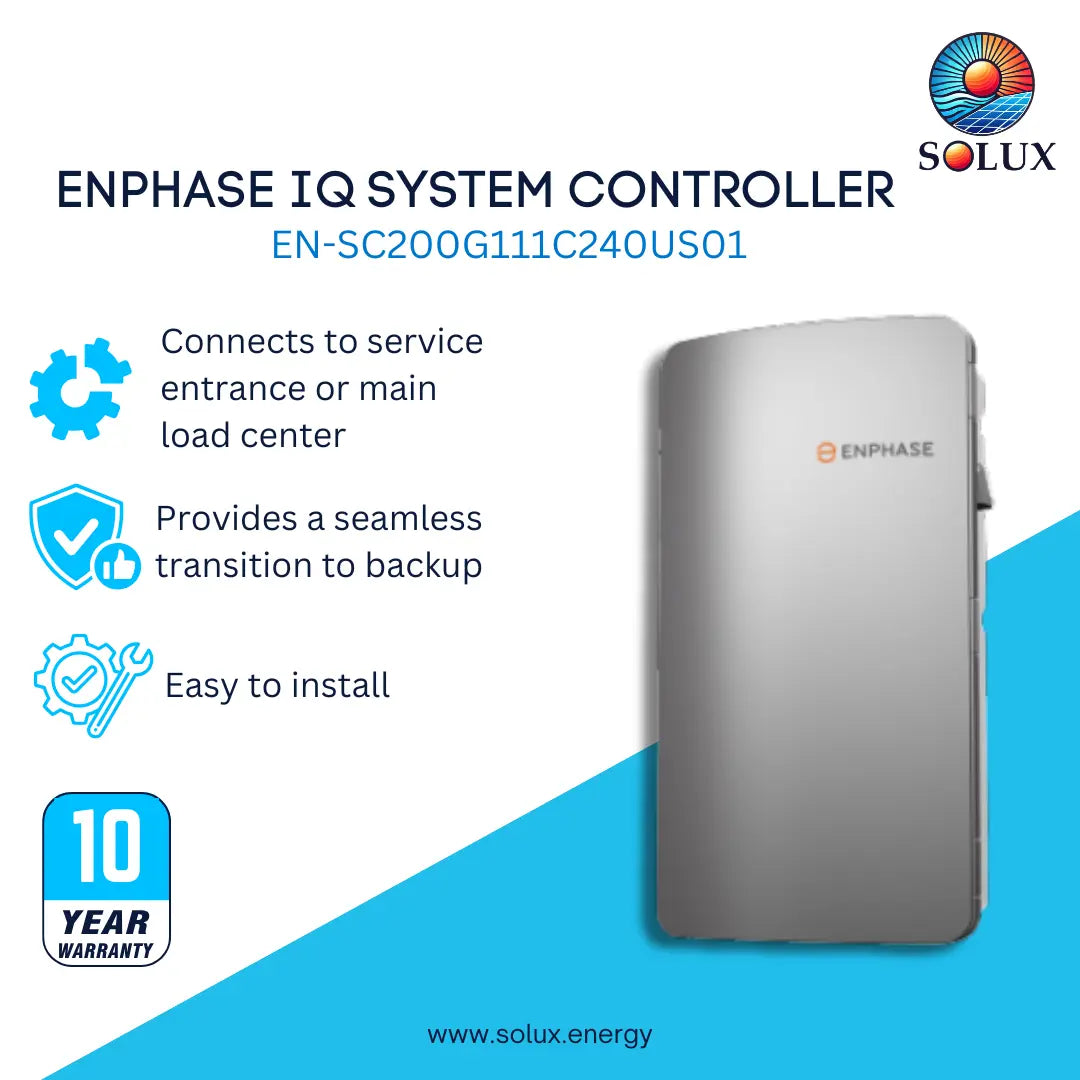 Solux Enphase IQ System Controller EN-SC200G111C240US01, a silver rectangular electronic device with a rounded top, shown on a white and blue graphic background with product features and a 10-year warranty badge.