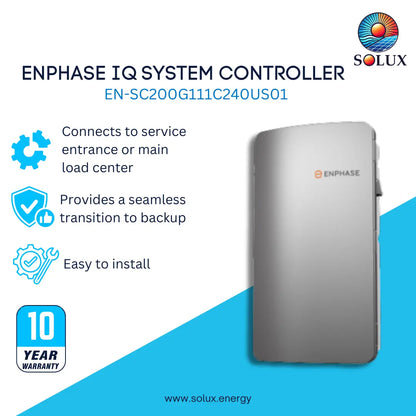 Solux Enphase IQ System Controller EN-SC200G111C240US01, a silver rectangular electronic device with a rounded top, shown on a white and blue graphic background with product features and a 10-year warranty badge.