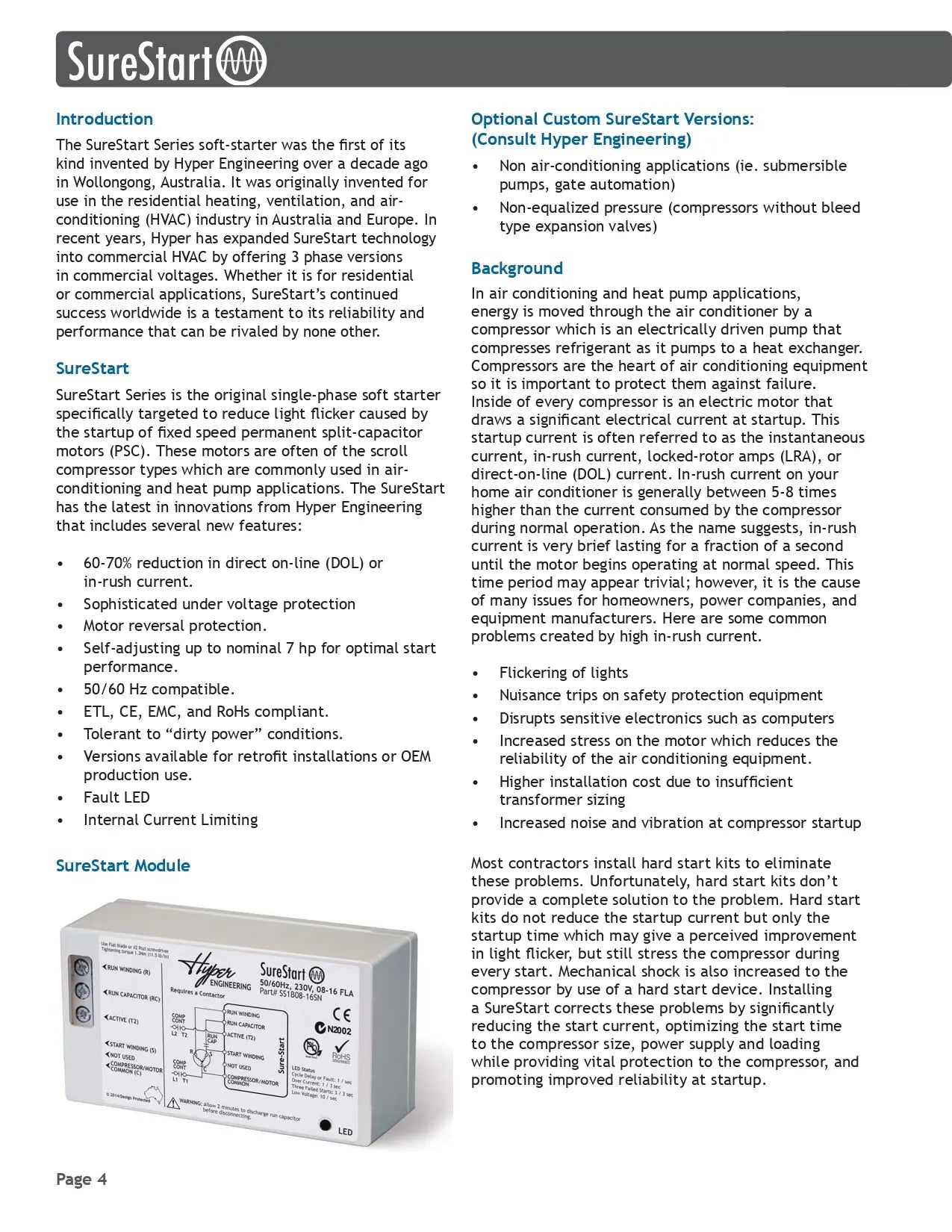 Technical datasheet for SSTART-08-16A-1P-230V, explaining benefits like 60-70% reduction in in-rush current.