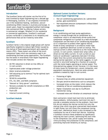 Technical datasheet for SSTART-08-16A-1P-230V, explaining benefits like 60-70% reduction in in-rush current.