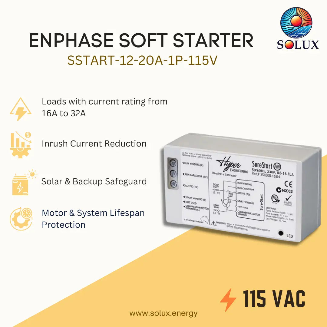 Solux Enphase Soft Starter SSTART-12-20A-1P-115V product graphic on a cream and yellow background, showing the rectangular soft starter unit and feature callouts.
