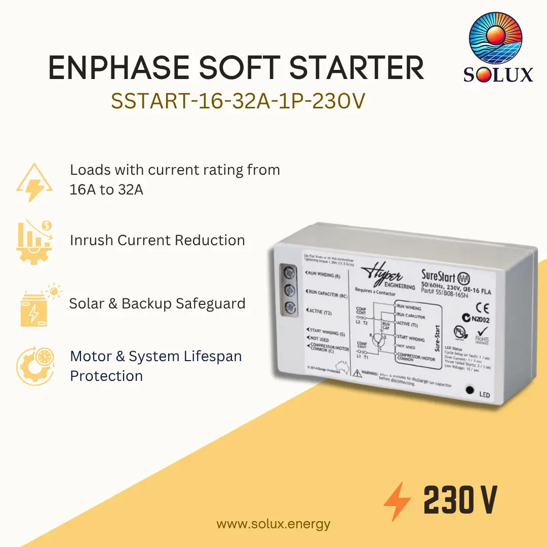 Solux Enphase Soft Starter SSTART-16-32A-1P-230V product graphic on a cream and yellow background, showing the rectangular soft starter unit and feature callouts.