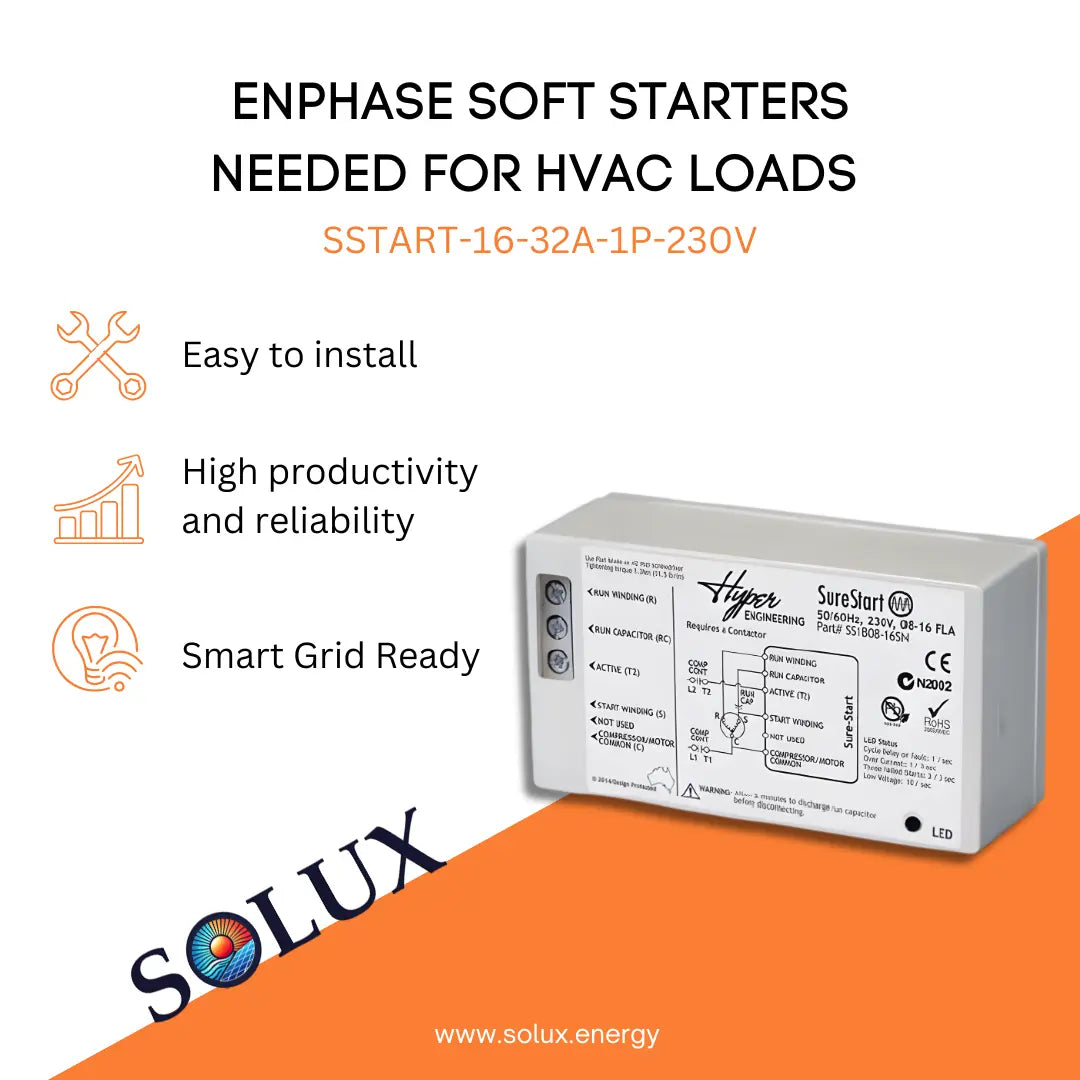 Enphase HVAC Soft Start from 16A to 32A graphic: SSTART-16-32A-1P-230V for easy installation and Smart Grid reliability