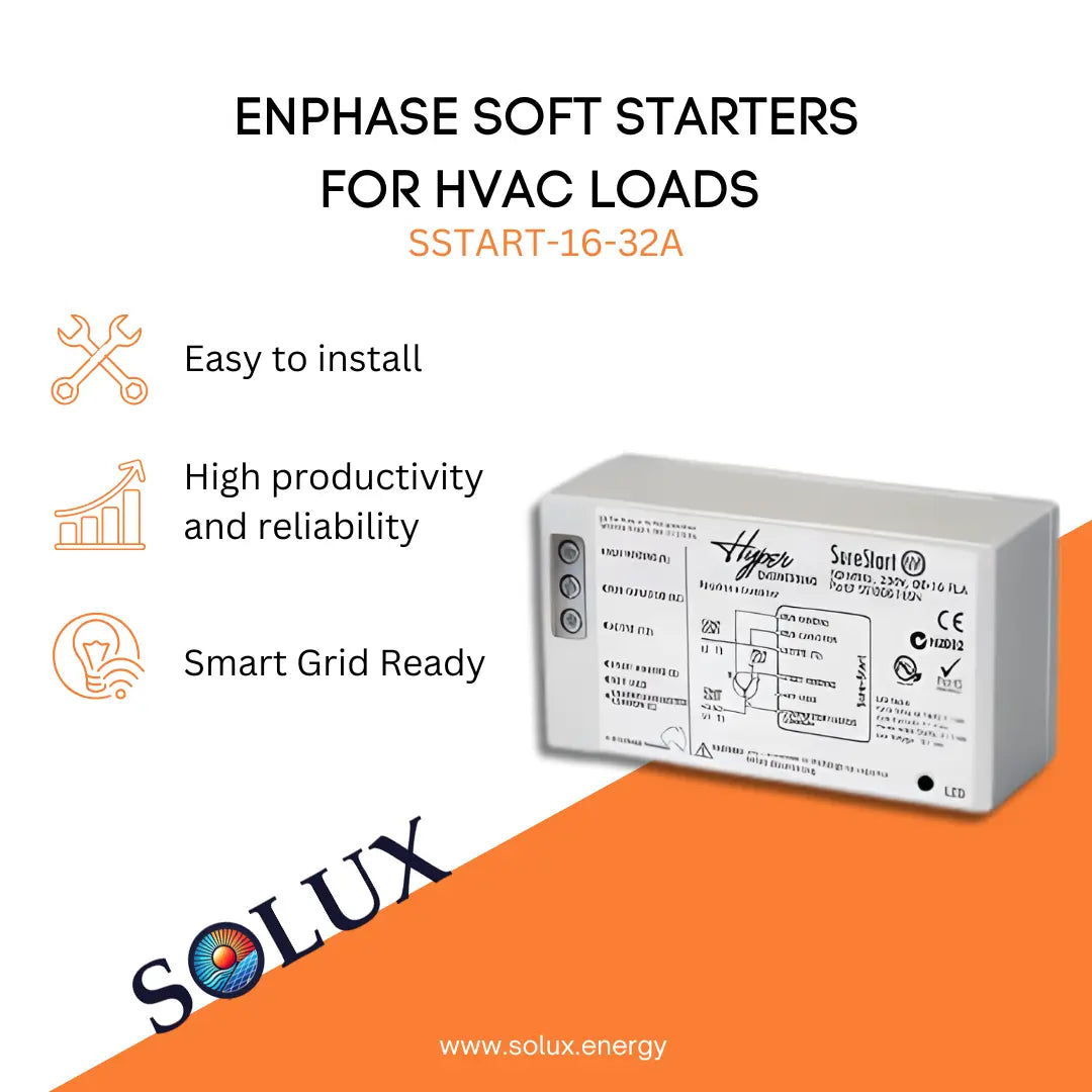 Enphase Soft Starters for HVAC Loads SSTART-16-32A graphic: Easy to install, reliable, and Smart Grid Ready.