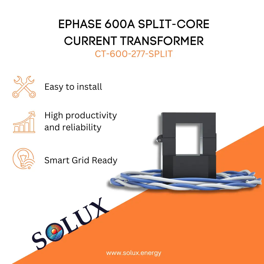 Split core current transformer (CT-600-277-SPLIT) for Enphase, 600A capacity, black square design with blue/white wires.