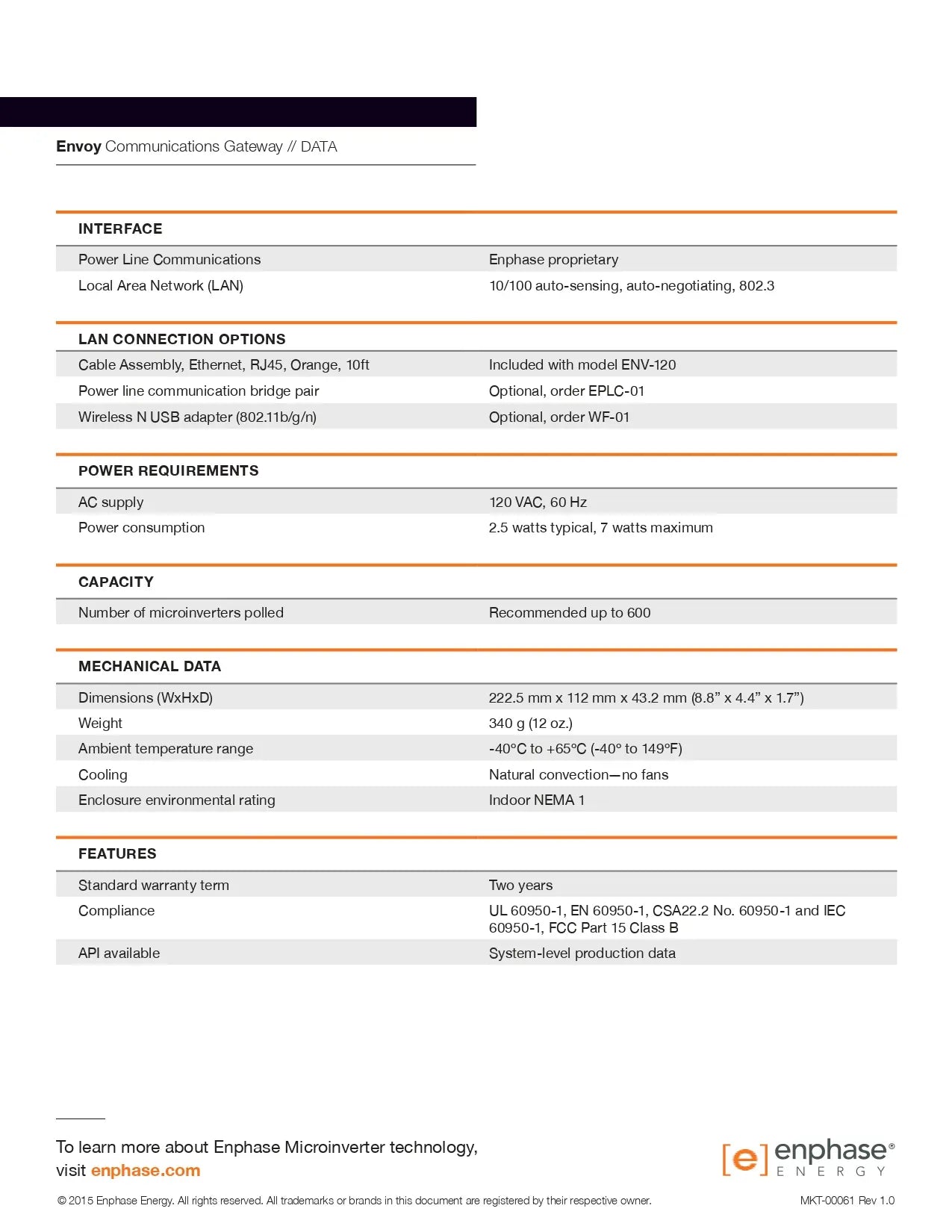 Data sheet for WF-01 usb wifi adaptor showing technical specifications for Enphase Envoy communications gateways.