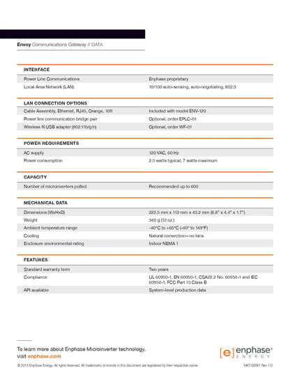 Data sheet for WF-01 usb wifi adaptor showing technical specifications for Enphase Envoy communications gateways.