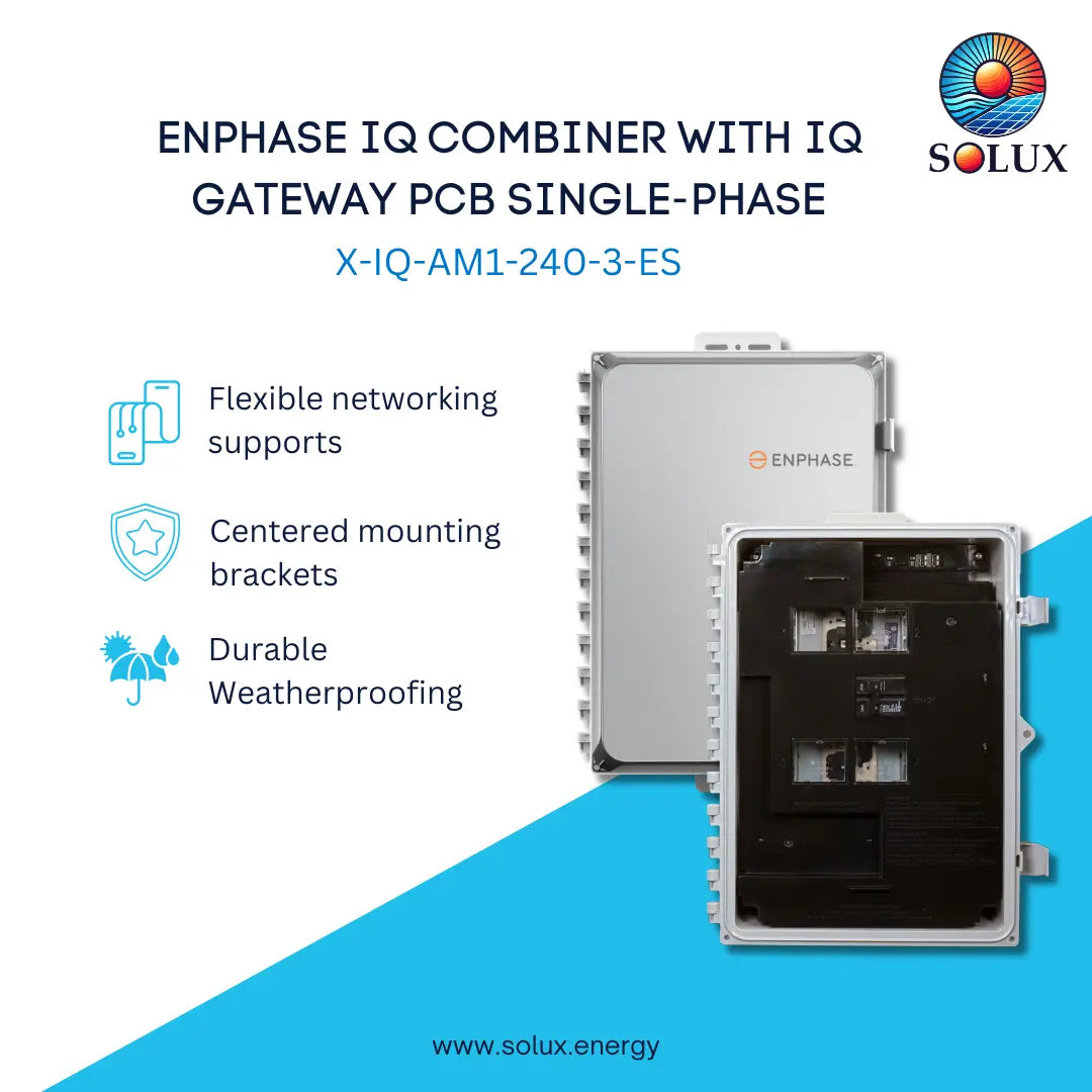 Graphic image of Enphase IQ Combiner 3-ES: 24/7 Solar Monitoring, text says easy to install, high productivity and smart grid ready