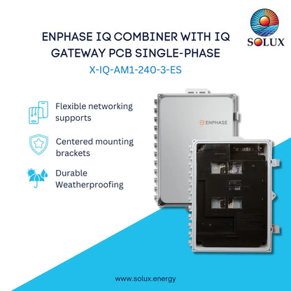 Graphic image of Enphase IQ Combiner 3-ES: 24/7 Solar Monitoring, text says easy to install, high productivity and smart grid ready