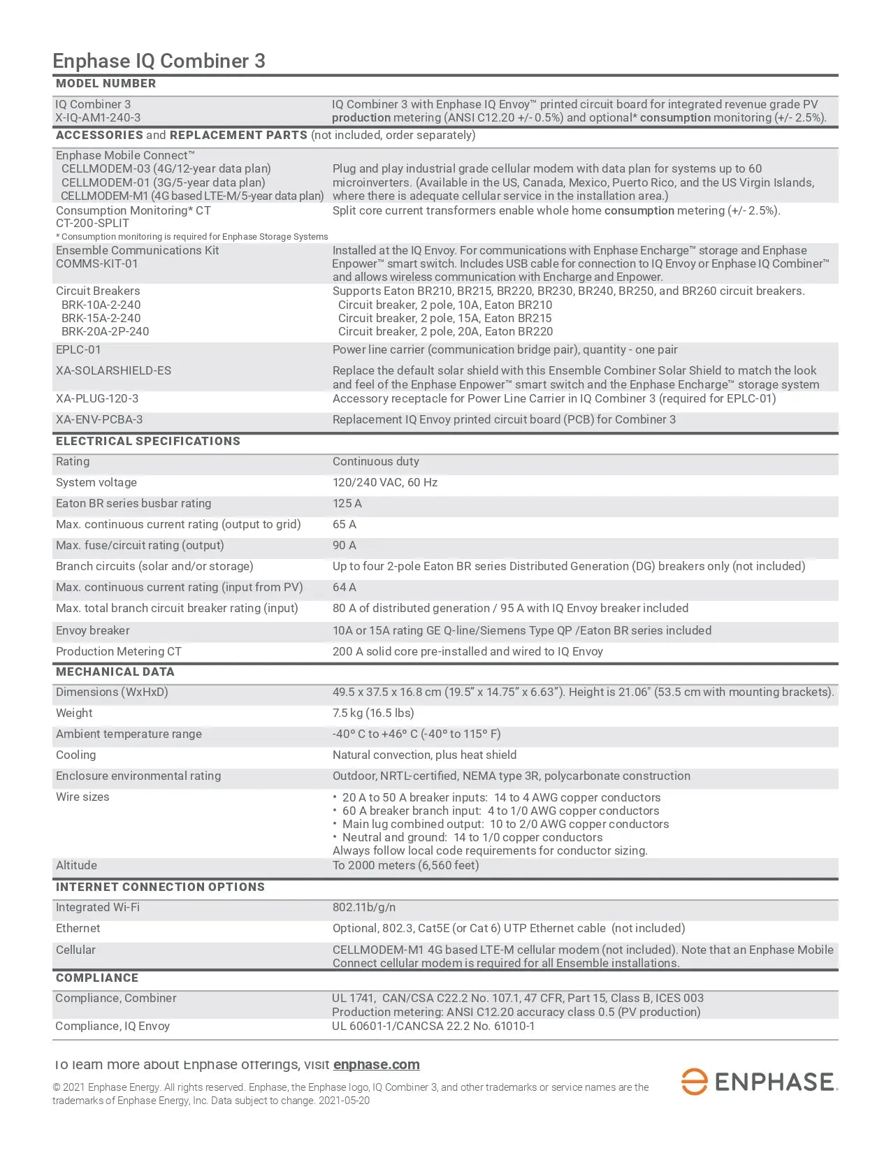 Specifications data sheet for X-IQ-AM1-240-3-M iq combiner detailing electrical, mechanical, and compliance ratings.
