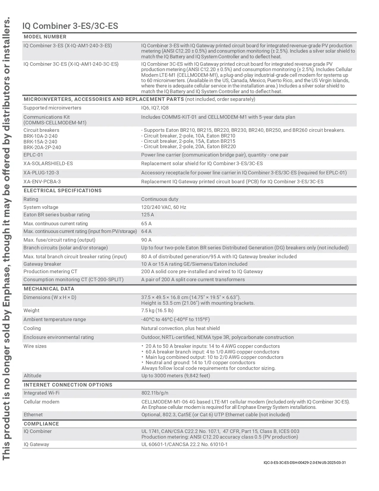 X-IQ-AM1-240-3C-ES enphase iq envoy combiner box datasheet detailing electrical specs and integrated monitoring.
