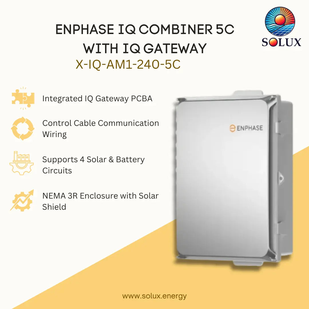 Solux Enphase IQ Combiner 5C with IQ Gateway X-IQ-AM1-240-5C product graphic on a white and yellow background, showing the silver metal enclosure and feature callouts.