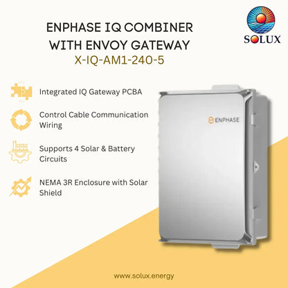 Solux Enphase IQ Combiner with Envoy Gateway X-IQ-AM1-240-5 product photo on a light beige and yellow graphic background with feature callouts.