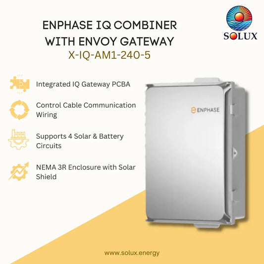 Solux Enphase IQ Combiner with Envoy Gateway X-IQ-AM1-240-5 product photo on a light beige and yellow graphic background with feature callouts.