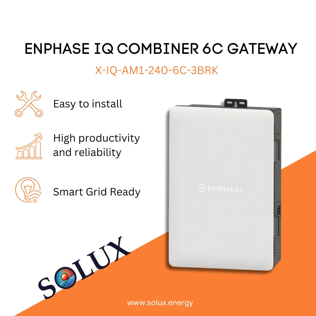 Enphase IQ Combiner 6C X-IQ-AM1-240-6C-3BRK graphic: Easy install, reliable, and Smart Grid Ready.