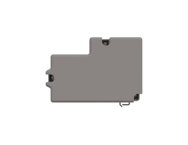 A flat, rectangular gray plastic component with mounting holes and a small metal clip at the bottom, shown on a plain white background.
