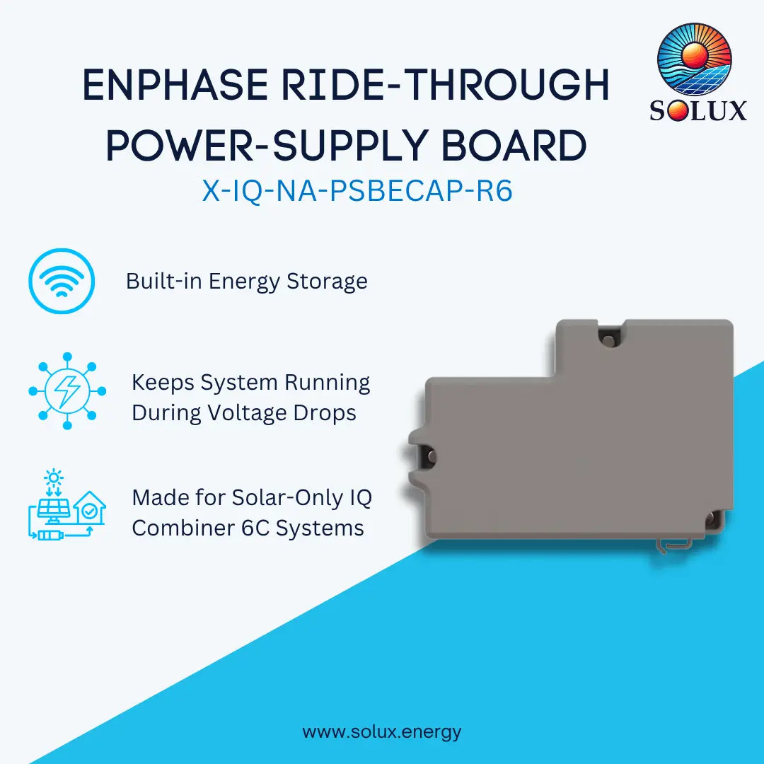 A promotional product graphic for the Solux Enphase Ride-Through Power-Supply Board, model X-IQ-NA-PSBECAP-R6. The image features a dark gray rectangular electronic module on a split white and bright blue background with product feature callouts and the Solux brand logo.