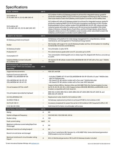 Specifications table for X2-IQ-AM1-240-4C Enphase IQ Combiner 4/4C listing technical data and electrical ratings.