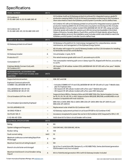 Specifications table for X2-IQ-AM1-240-4C Enphase IQ Combiner 4/4C listing technical data and electrical ratings.