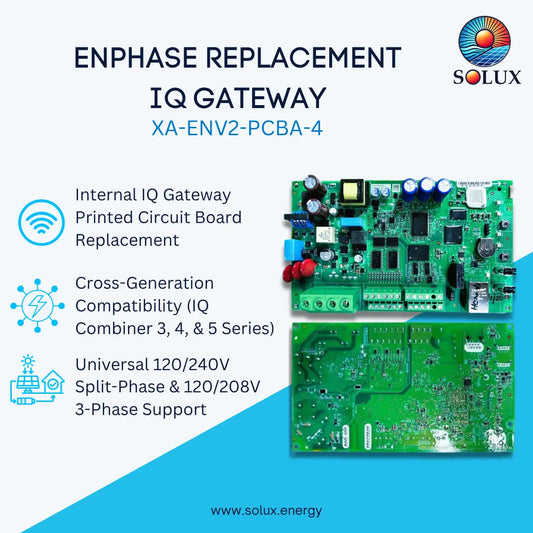A graphic image for enphase iq replacement gateway with listed key features and sku: XA-ENV2-PCBA-4