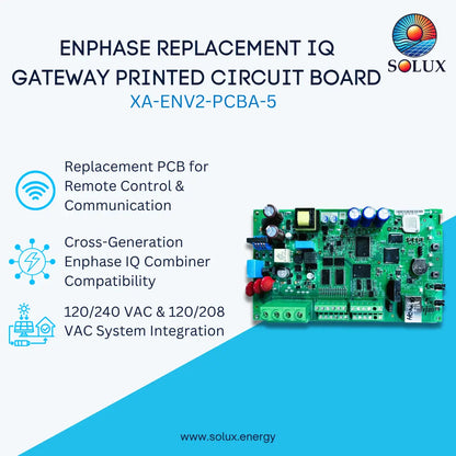 Solux Enphase replacement IQ gateway printed circuit board, model XA-ENV2-PCBA-5. The image features a green PCB with electronic components on the right, alongside text highlighting its remote control, communication, and voltage compatibility features on a white and blue background.