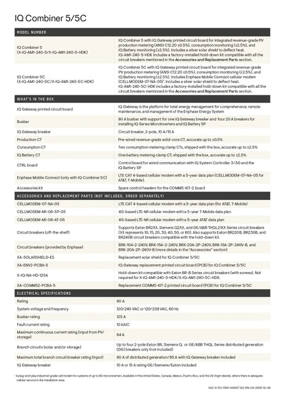 Technical specifications sheet for IQ Combiner 5/5C on a white background