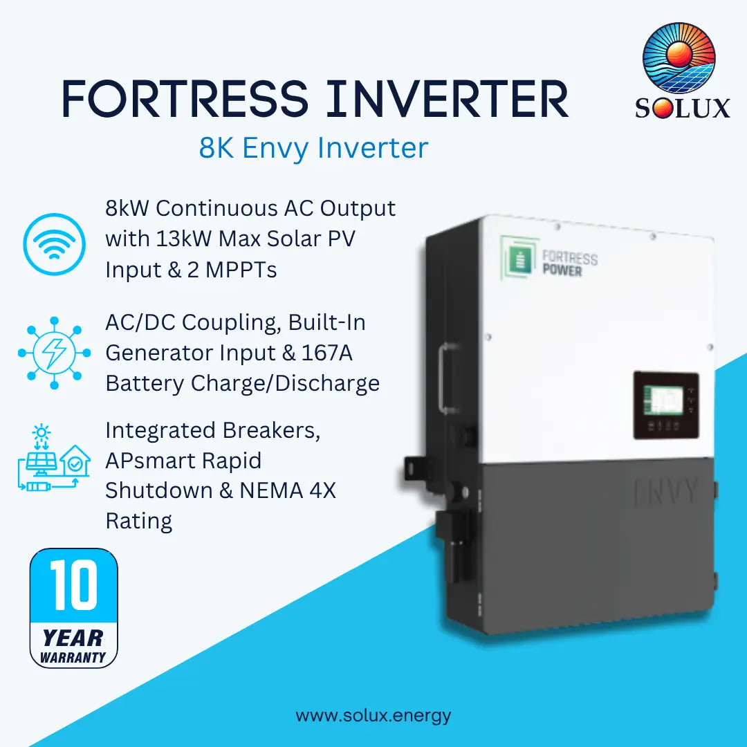 Solux Fortress Inverter 8K Envy Inverter product graphic on a white and blue background, showing the inverter unit and feature callouts including 8kW continuous AC output, 13kW max solar PV input, 2 MPPTs, AC/DC coupling, built-in battery charge/discharge, integrated breakers, APsmart rapid shutdown, NEMA 4X rating, and a 10-year warranty badge.