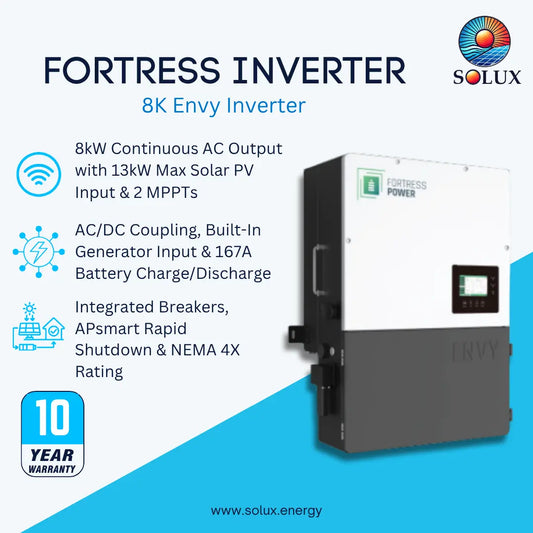Solux Fortress Inverter 8K Envy Inverter product graphic on a white and blue background, showing the inverter unit and feature callouts including 8kW continuous AC output, 13kW max solar PV input, 2 MPPTs, AC/DC coupling, built-in battery charge/discharge, integrated breakers, APsmart rapid shutdown, NEMA 4X rating, and a 10-year warranty badge.