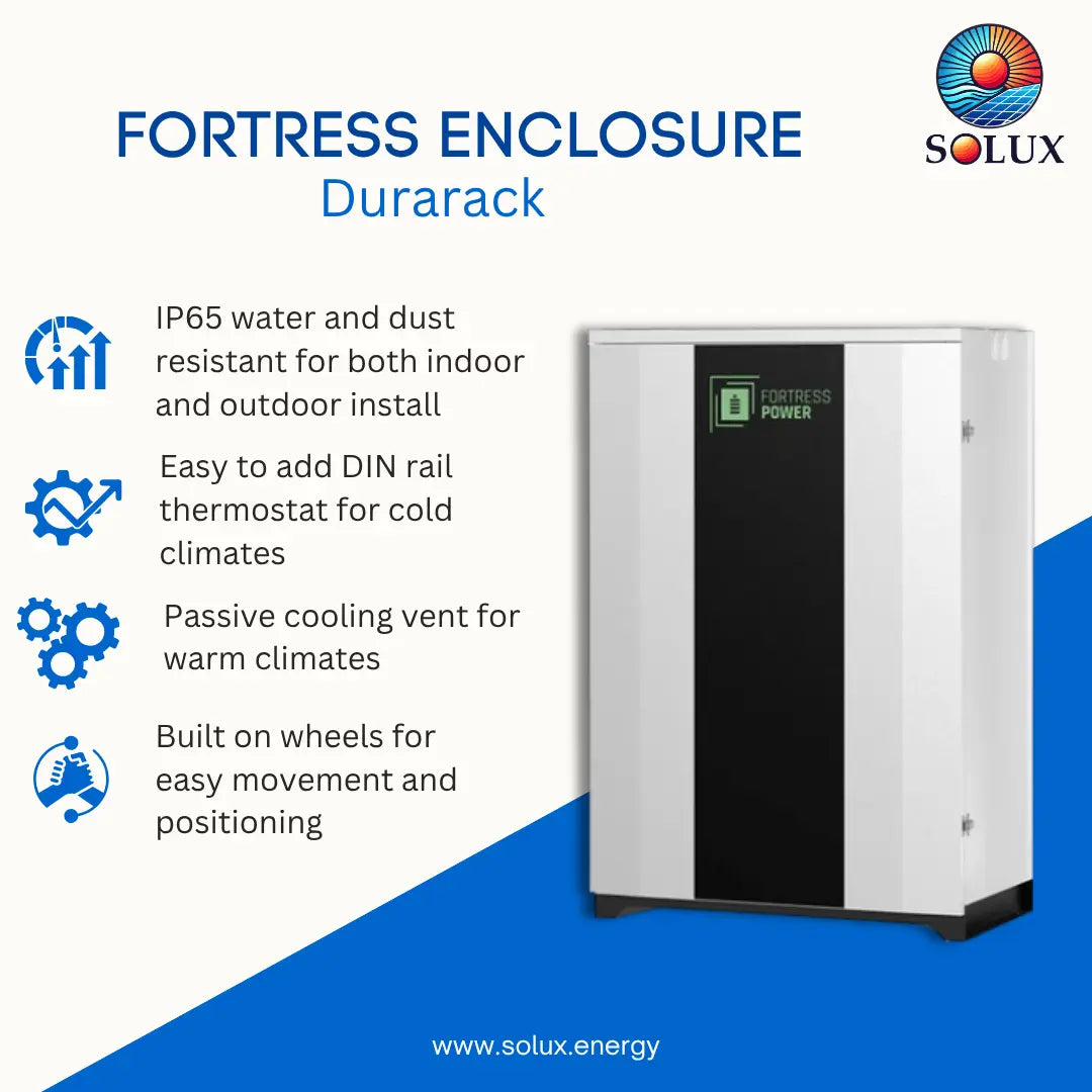 Solux Fortress Enclosure Durarack outdoor air source heat pump unit in white and black, shown on a blue and white promotional graphic with feature icons and text.