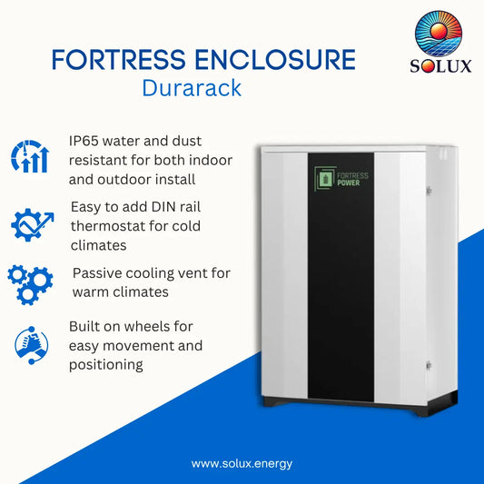 Solux Fortress Enclosure Durarack outdoor air source heat pump unit in white and black, shown on a blue and white promotional graphic with feature icons and text.