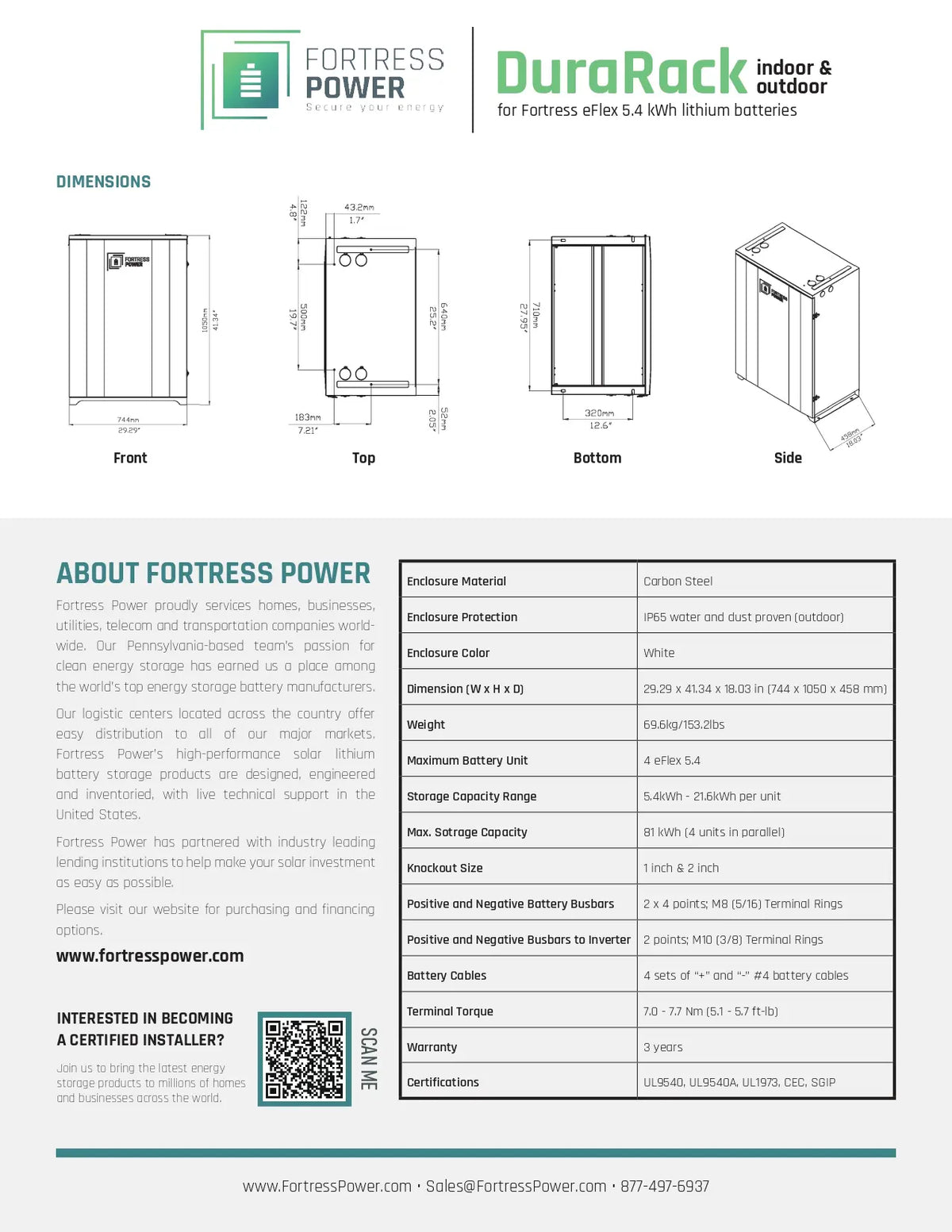 A product information sheet for the DuraRack 4x4 with 5.4 kWh lithium battery system by Fortress Power, showing front, top, bottom, and side line drawings of the battery cabinet, along with dimensions, weight, and a specifications table.