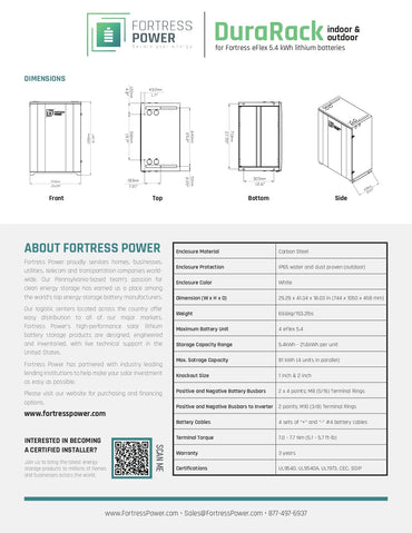 A product information sheet for the DuraRack 4x4 with 5.4 kWh lithium battery system by Fortress Power, showing front, top, bottom, and side line drawings of the battery cabinet, along with dimensions, weight, and a specifications table.