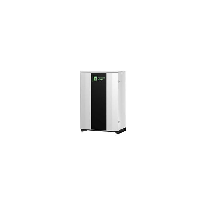 A compact vertical wall-mounted heat pump or air source heat pump unit with a white exterior, a central black front panel, and a small green and white logo near the top left of the black panel, shown on a plain white background.
